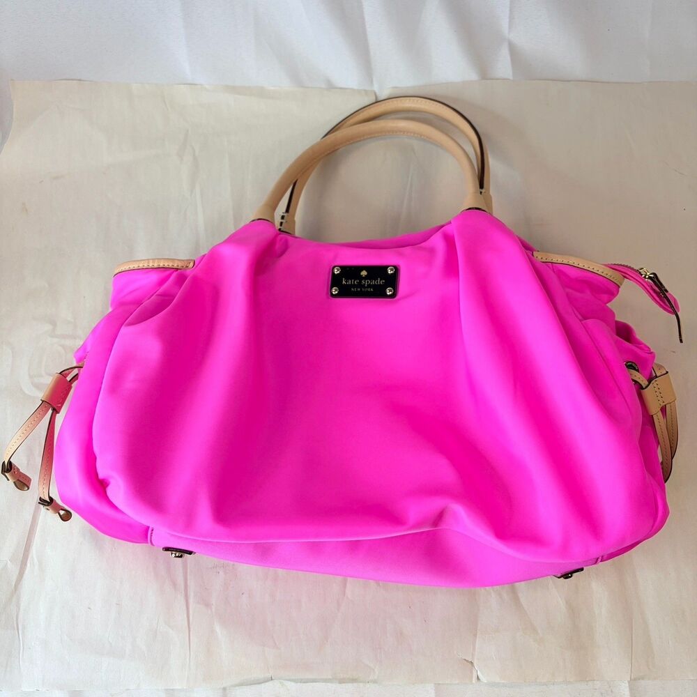 Kate Spade NY Classic Nylon Stevie Pink Beige Logo Diaper Bag Tote Travel EUC